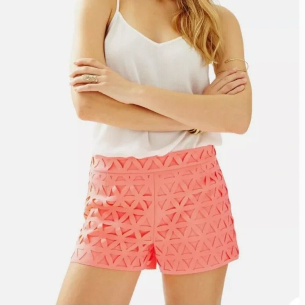 Lilly Pulitzer Lorna laser cut neoprene shorts in bright peachy pink. Sz 0. EUC.